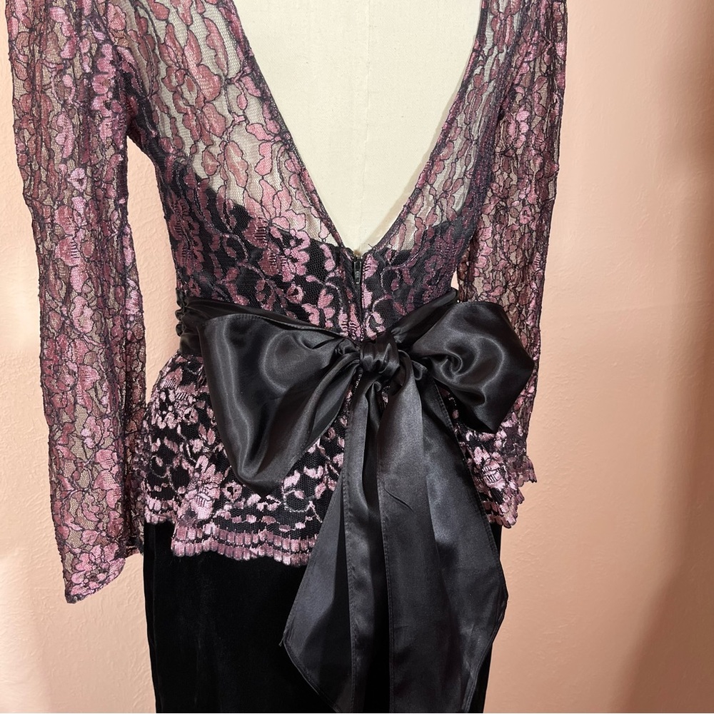Vintage 1990 Gunne Sax Retro Pink Lace Black velvet Low Back Bow Wiggle Dresss - Picture 1 of 17